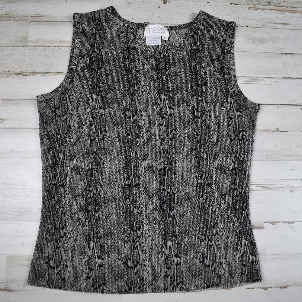 Vintage Plisse Pleated Tank Top Women's Medium‎ Black Gray Snakeskin Print Boho